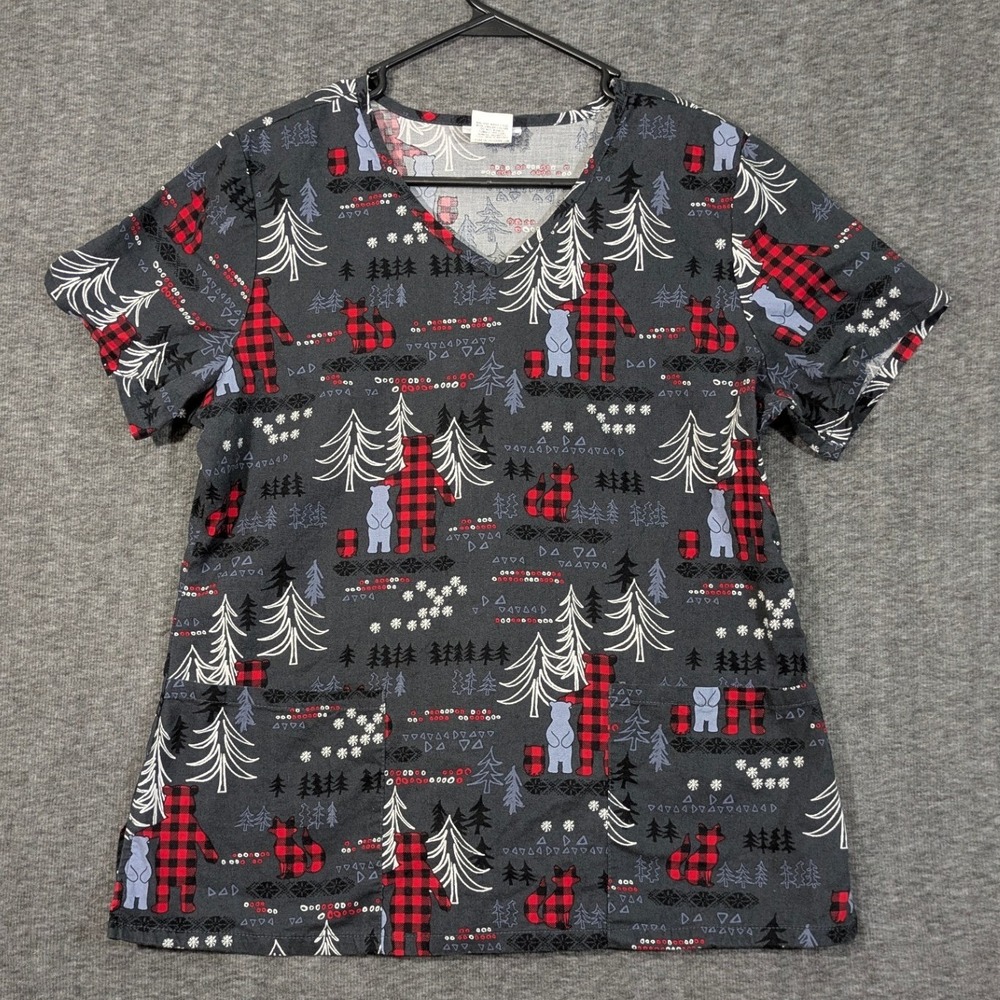 Scrubstar Gray Holiday Scrub Top Plaid Woodland Country 100% Cotton Sz M